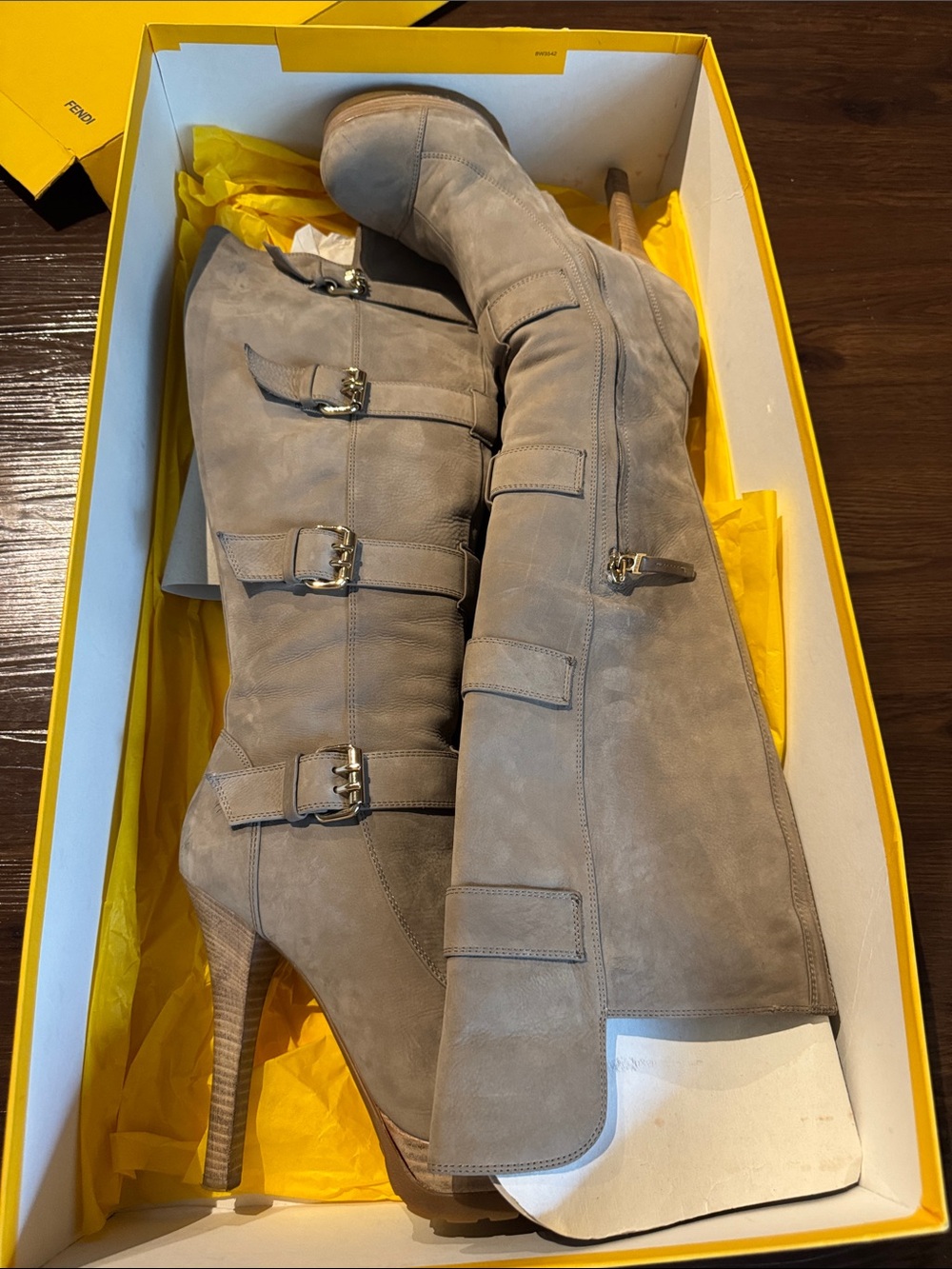 Fendi Taupe Suede Over-the-Knee Buckle Boots